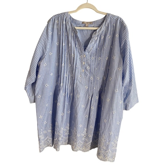 Woman Within Tops - Woman Within Tunic Womens 1X Blue White Stripe Eyelet Embroidered Cotton Blouse